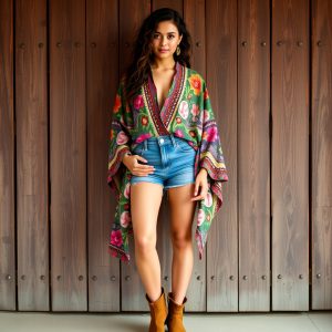 Patterned Kimono with Denim Shorts