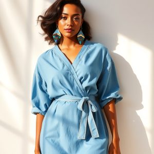 Denim Wrap Dress with Statement Earrings