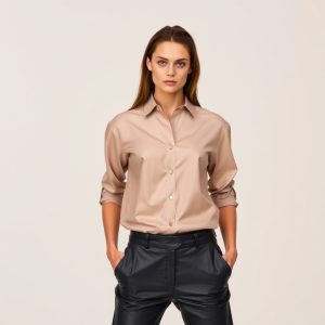 Button-Down Shirt and Leather Straight-Legs