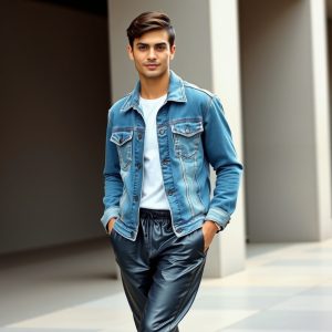 Denim Jacket with Leather Joggers