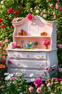  A pastel pink or mint green dresser standing in a garden, filled with blooming flowers and decorated with small garden items.