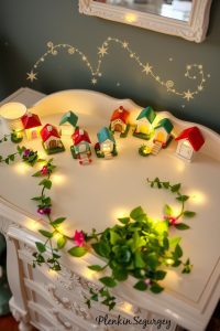 A whimsical dresser with tiny fairy houses, mini plants, LED lights, and hand-painted stars and vines on the outside.