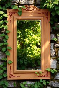 Image Prompt: Rustic mirror in a wooden frame placed on a garden wall, reflecting plants and sunlight.