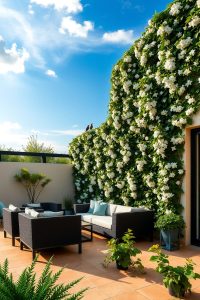 Image Prompt: A modern patio with a trellis wall covered in flowering jasmine and ivy, creating a leafy backdrop.
