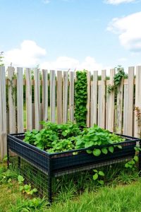Image Prompt: Combo garden fence with metal mesh below and wooden panels above, around a raised vegetable bed.