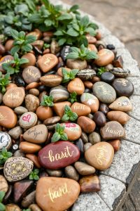 Image Prompt: Garden bed lined with small painted rocks, some labeled with herb names like "mint" and "basil."