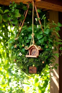 Image Prompt: A hanging basket fairy garden with trailing plants, a swing, and a small fairy house tucked between the leaves.