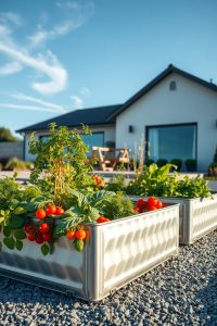 Image Prompt: Sleek silver galvanized steel raised garden beds with vegetables, placed on gravel ground with modern house in the background.