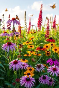 Image Prompt: Bright perennial garden with purple coneflowers, bee balm, and black-eyed Susans, with butterflies flying around and bees on blooms.