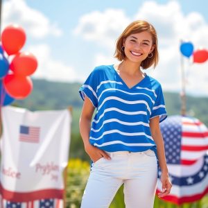 Blue Striped Top with White Pants