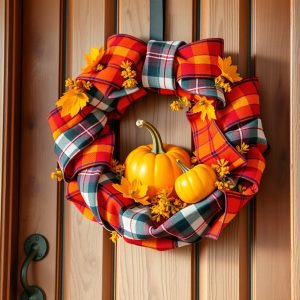 Plaid Ribbon and Pumpkin Wreath