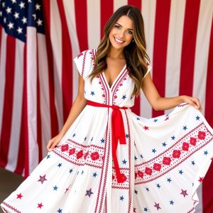 White Maxi Dress with Red and Blue Details