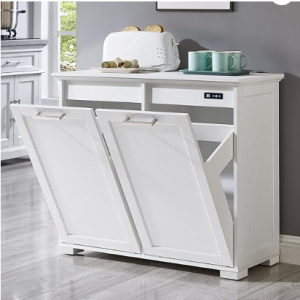 OLD CAPTAIN Double Tilt Out Trash Cabinet, Wooden Kitchen Garbage Can Free Standing Holder