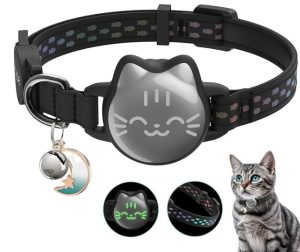 Waterproof Airtag Cat Collar, Breakaway Cat Airtag Collar with Luminous & Reflective Fish Pattern, Lightweight Kitten Collars for Apple Air tag, Hidden GPS Tracker Holder for Cats, Kittens(9-13)