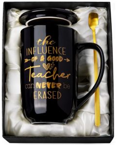 Teacher Gifts for Men, Male Teacher Appreciation Gifts from Students, Best Teacher's Gift on Christmas Graduation Retirement, 18Oz Metal Glaze Ceramic Coffee Mup with Spoon Lid Card Gorgeous Box