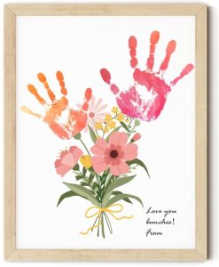 TwoDays Flower Bouquet Handprint Art Craft DIY Kit, Unique Gifts for Mom From Daughter or Son for Mother's Day Birthday Christmas, Gift for Grandma.(12" X 16", With Wood Frame)